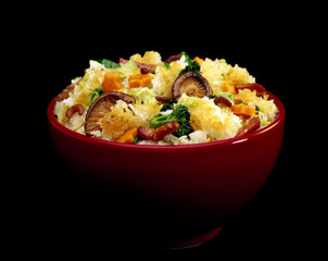 Shiitake Musroom & Bacon on rice in red bowl against Black Background