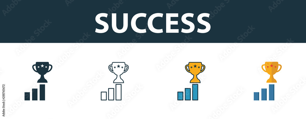 Poster success icon set. four elements in diferent styles from project management icons collection. creativ