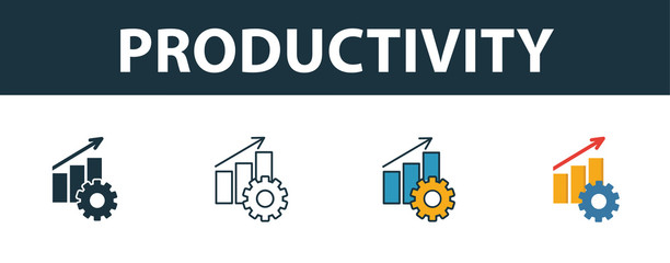 Productivity icon set. Four elements in diferent styles from project management icons collection. Creative productivity icons filled, outline, colored and flat symbols