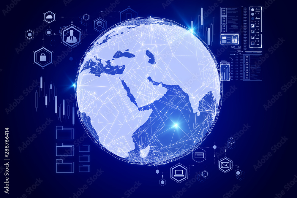 Poster global business concept with digitall screen with earth globe and communication icons.
