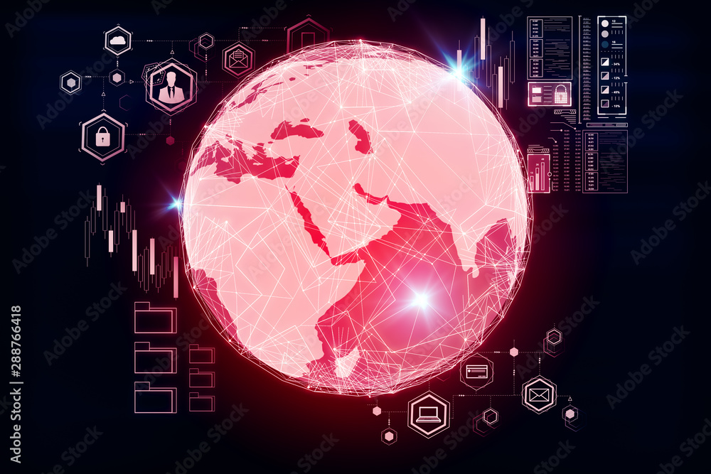 Poster world business concept with digitall screen with red earth globe and communication icons.
