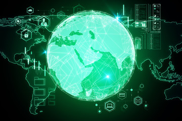 Global communication concept with digital screen, computer icons and world map template.