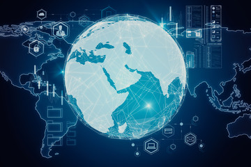 Global communication concept with digital screen icons and world map template.