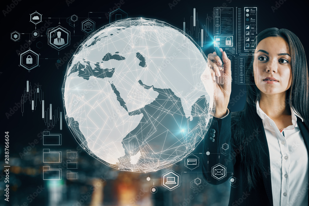 Poster global trading concept with trader woman and digital screen with earth globe.