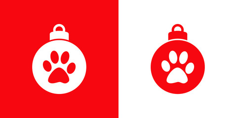 Icono plano bola de navidad con huella de gato en rojo y blanco