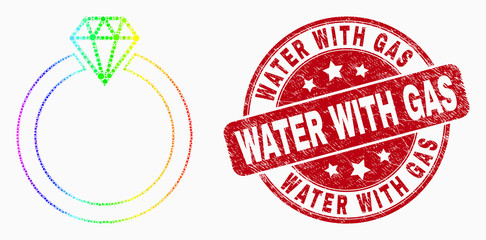 Pixel rainbow gradiented jewelry ring mosaic icon and Water with Gas stamp. Red vector round distress stamp with Water with Gas message. Vector combination in flat style.