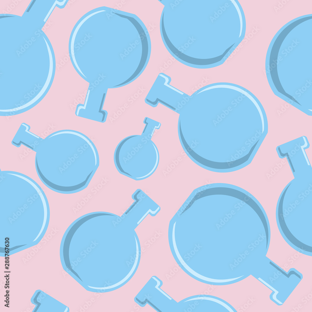 Poster modern concept seamless poster with randomly located blue bottles pattern at light pink background.