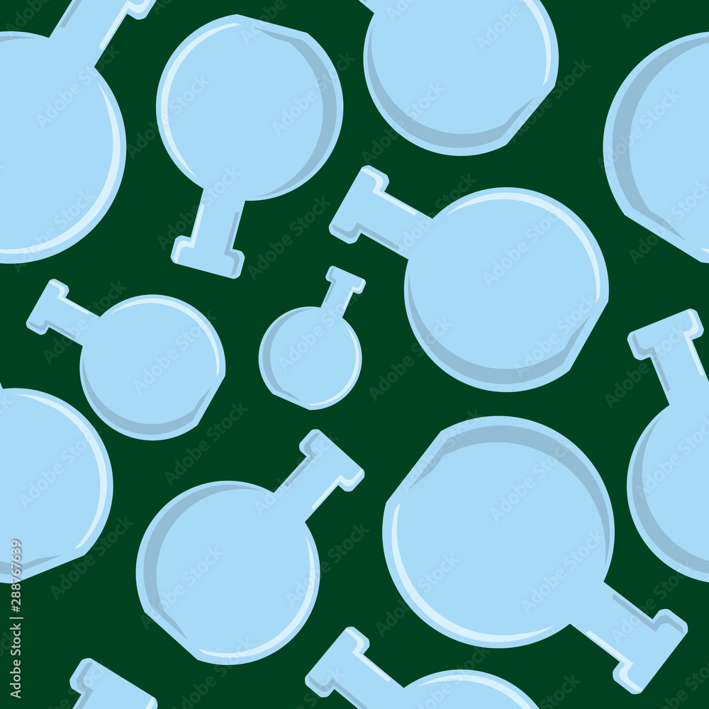 Poster modern concept seamless poster with randomly located blue bottles pattern at green background.