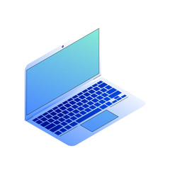 Simple graphic concept of modern notebook model. Isometric trendy vector illustrations of open laptop. Keyword and touch pad details. Gradient color icon of gadget.