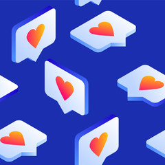 Isometric vector illustration of like icon floating. Endless background. Lots of likes in social media,  graphic concept of social media obsession and addiction. Seamless vector pattern.