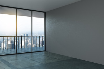 Obraz premium Blank grey mock up wall in modern office hall with concrete floor, big window and city view.
