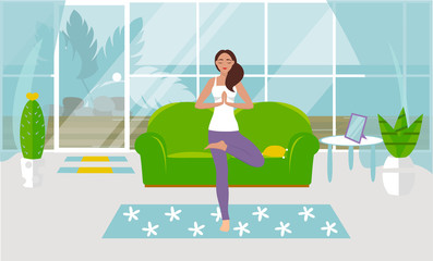 A vector illustration A girl practices yoga in a tree pose at home, in a cozy living room. Design of a modern room with furniture and accessories.