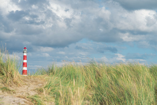 Lighthouse Bornrif Ameland, sea landscape, blue cloudy sky in the dunes, high dune grass, the Netherlands