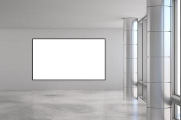 Blank white mock up poster on light grey wall in modern industrial style spacious hall with concrete floor.