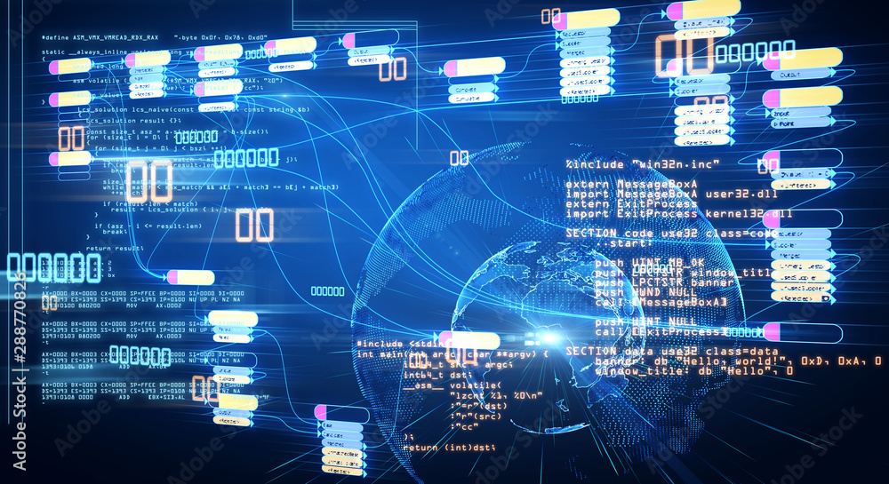 Poster Global data base concept with abstract futuistic infographic at digital world map background.