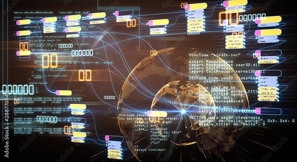 Leinwandbilder Blockchain and programming concept with node base programming and binary code.