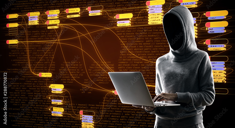 Leinwandbilder Internet security concept with hacker at digital map with node tree and binary code background.