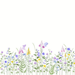 Obraz na płótnie Canvas seamless floral border with summer flowers nd butterflies
