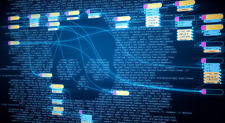 Web development concept with abstract futuistic nodes map at binary code background.