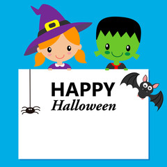 Halloween card. Children dressed as witch and monster