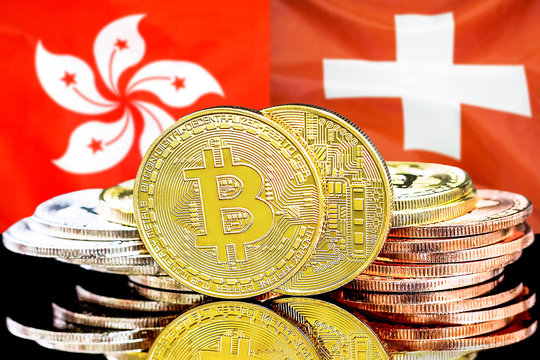 Concept for investors in cryptocurrency and Blockchain technology in the Hong Kong and Switzerland. Bitcoins on the background of the flag Hong Kong and Switzerland.