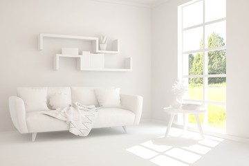 Mock up of stylish room in white color with sofa and green landscape in window. Scandinavian interior design. 3D illustration