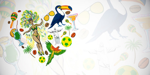 I love Brazil concept with traditional symbols: carnival, football, Cristo Redentor at light background.