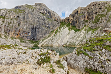 Lake of Boe, a little alpine lake in Italian Dolomites mountains in Alta Badia, Alto Adige, Italy
