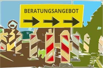 Beratungsangebot - Konzept Wegweiser Gelbes Schild 14, Pfeile nach rechts