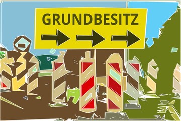Grundbesitz - Konzept Wegweiser Gelbes Schild 14, Pfeile nach rechts