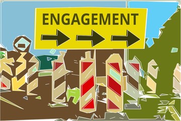 Engagement - Konzept Wegweiser Gelbes Schild 14, Pfeile nach rechts