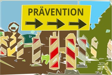 Pr?vention - Konzept Wegweiser Gelbes Schild 14, Pfeile nach rechts
