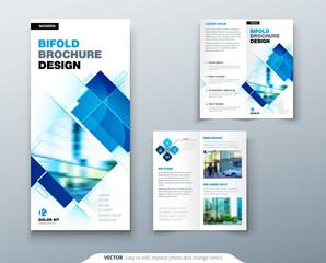 Bi fold brochure design with square shapes, corporate business template for bi fold flyer. Creative concept folded flyer or bifold brochure.