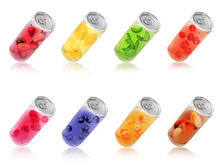 Set of bottles with different juices, conceptual image isolated on white background