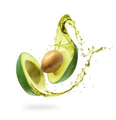 Foto op Plexiglas Sliced avocado with splashes isolated on white background © Krafla