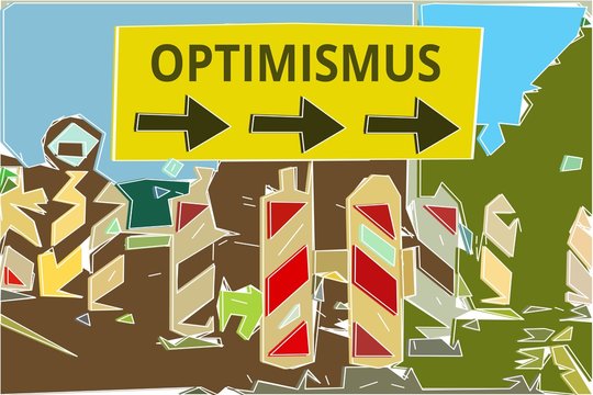 Optimismus - Konzept Wegweiser Gelbes Schild 14, Pfeile nach rechts