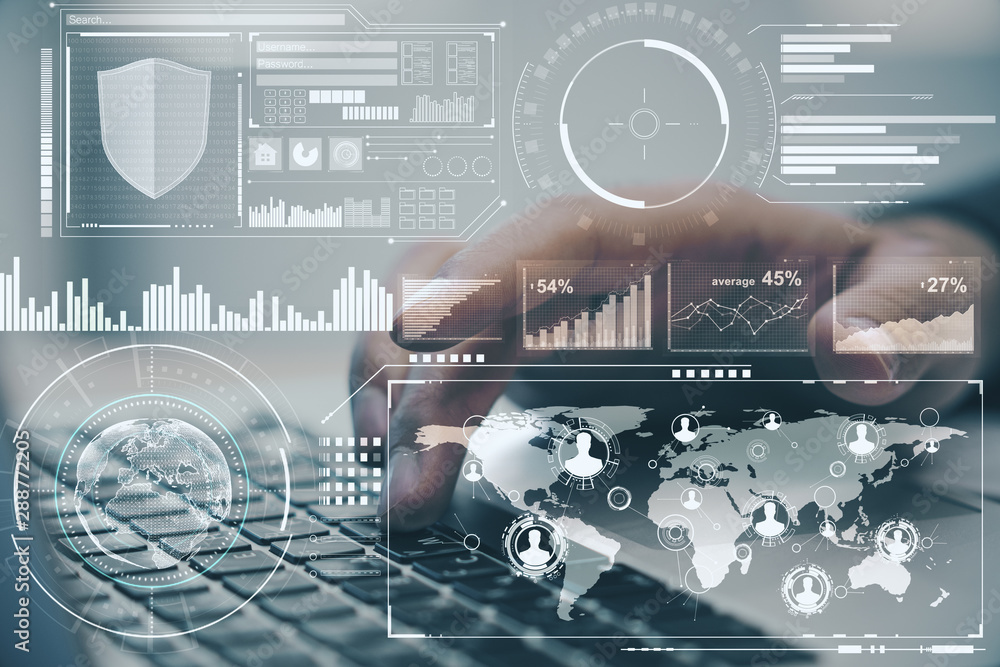 Poster Global business concept with digital screen with data analysis and man typing on keyboard.Double exposure.