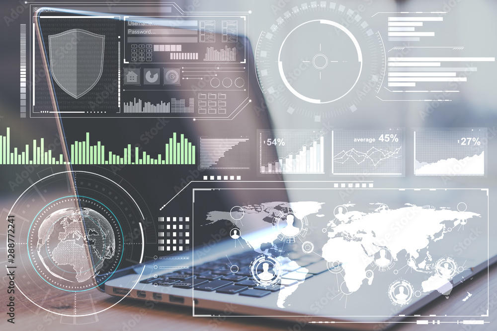 Poster business reseach concept with digital screen with diagram, graphs and data analysis and laptop. doub