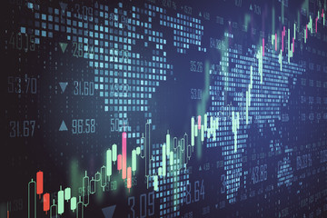 Business trading concept with digital screen with forex graphs and pixel world map.