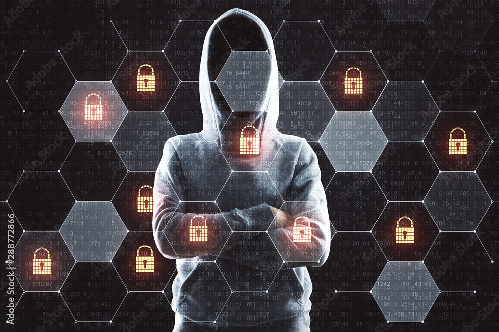 Poster Internet security concept with no face hacker and digital screen with security and lock icons.Double exposure.