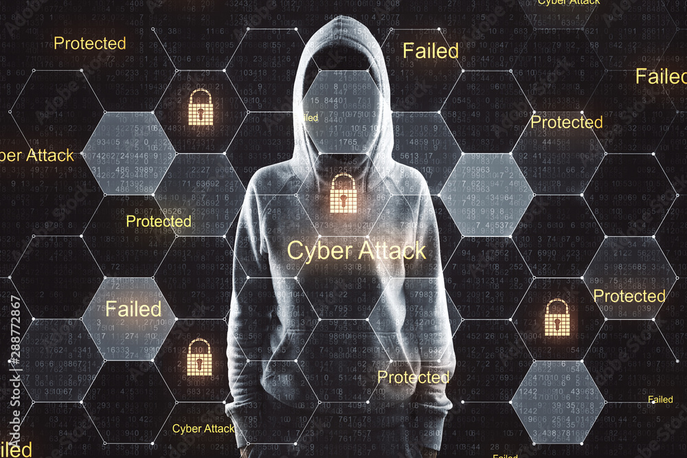 Aufkleber Cyber security concept with no face hacker and digital screen with security symbols and lock icons.Double exposure.