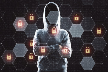 Internet security concept with no face hacker and digital screen with security and lock icons.Double exposure.