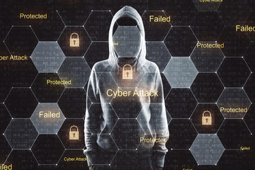 Cyber security concept with no face hacker and digital screen with security symbols and lock icons.Double exposure.