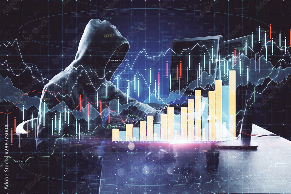 Poster Internet theft concept with hacker using computer and digital forex chart graphs.Double exposure.