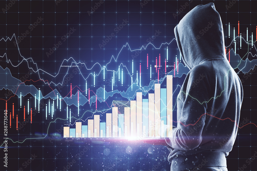Aufkleber Cyber attack concept with digital screen with financial graphs and hacker with laptop.Double exposure.
