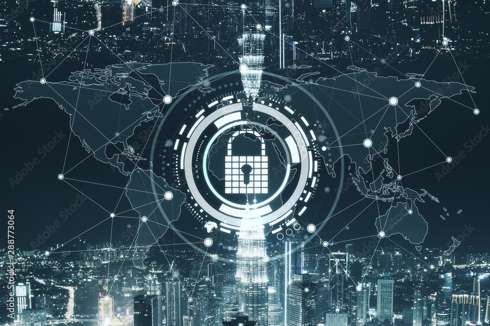 Poster cyber data or information privacy concept with digital keyhole at night city background.