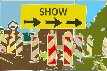 Show - Konzept Wegweiser Gelbes Schild 14, Pfeile nach rechts