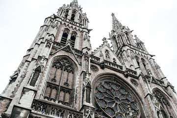 Side low angle view of large facade Neo-Gothic Sint-Petrus-en-Pauluskerk the main church of Ostend, Belgium a Roman Catholic church sepia colored