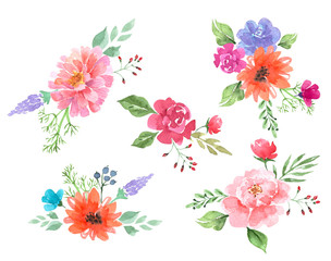 Set of floral bouquets on a white background. watercolor drawings for wedding invitations