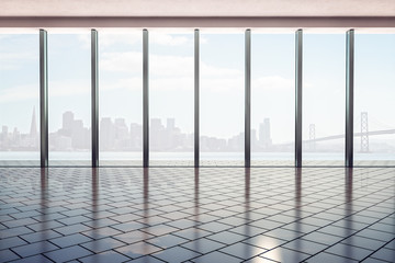 Modern office hall with stylish floor, glass walls and smoky city view background at sunrise.